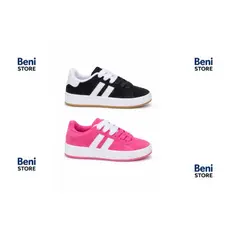 Tênis Infantil Casual Camurça Sola Borracha Natural 2 Cadarços Rosa Preto