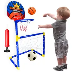 Kit Brinquedo 2 em 1 Trave de Futebol Infantil + Mini Cesta de Basquete Embutida + bomba de encher bola presente menino