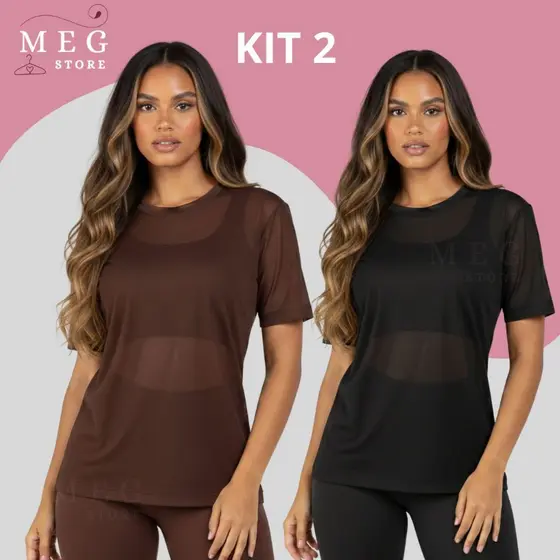 Kit 2 Blusas feminina de Tule Camisão Transparente Academia Fitness com Manga Treino Esporte