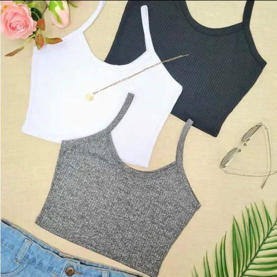Kit cropped top feminino alcinha canelado 3,4 ou 5 peças -cores variadas P, M, G e GG