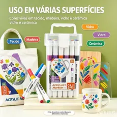 Caneta Marcador Acrílico Infantil 12‑24‑36‑48 Cores, Tinta Impermeável para Diversas SuperfíciesEstojo Plástico Portátil