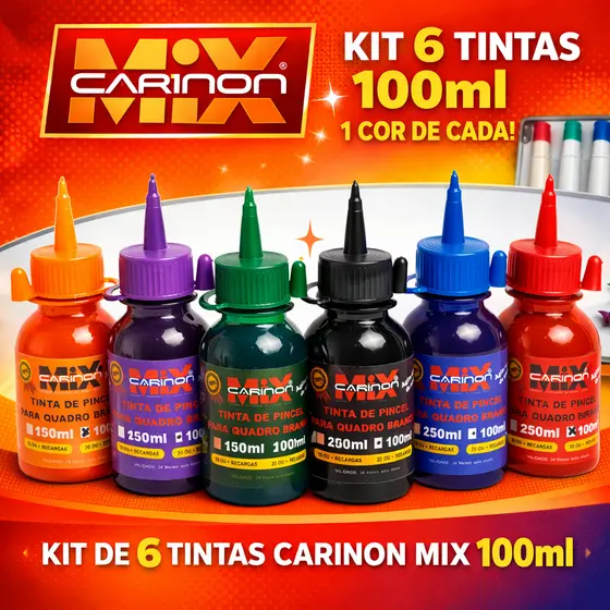 Kit Tinta Para Refil e recarga de Pincel De Quadro Branco 100ml 6 Cores