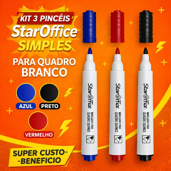Kit 3 Canetas Marcador para quadro branco StarOffice Fácil Remoção