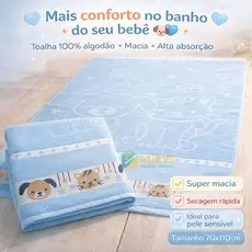 Toalha Infantil De Banho Cachorrinho 100% Algodão Azul 70x110cm Macia Absorvente Bebê Criança