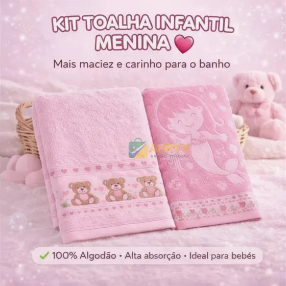 Kit Toalha Infantil De Banho Menina 2 ou 4 Und 100% Algodão Rosa Ursinha e Sereia 70x110cm  Bebê