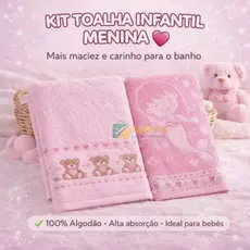 Kit Toalha Infantil De Banho Menina 2 ou 4 Und 100% Algodão Rosa Ursinha e Sereia 70x110cm  Bebê