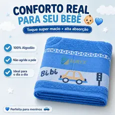 Toalha Banho Grande Secagem Rápida Bebê Menino Azul 100% Algodão Macia Absorvente 70x110 Estampa Carrinho