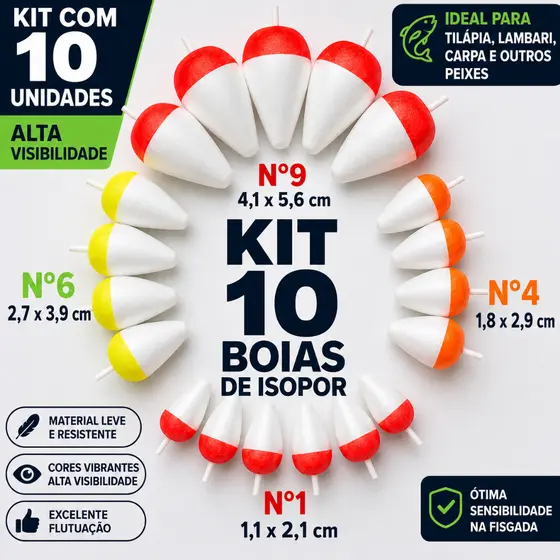 Kit Boias De Pesca Isopor 10 Unidades Boinha Para Tilápia Lambari Carpa Pesqueiro N°1 N°4 N°6 N°9