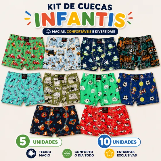 KIT CUECA BOXER BOX INFANTIL MENINO CRIANÇA 5 OU 10 UNIDADES ESTAMPADAS PERSONAGENS SORTIDAS