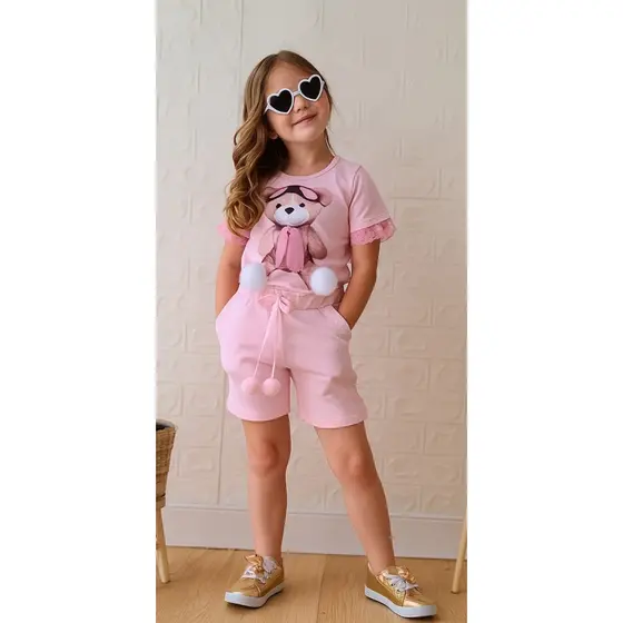 Conjunto Short de Menina Feminino Infantil Ursinho de Verão Shorts e Blusa Com PomPom