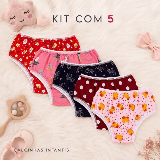 Kit 5 Calcinha Infantil com Forro algodão Estampada De 1 a 9 Anos Conforto meninas criança