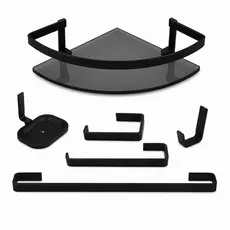 Kit Para Banheiro, Toalha, Sabonete, Parede, stander preto fosco e Porta shampoo Vidro Canto