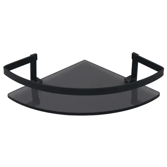 PORTA SHAMPO COM SUPORTE PRATELEIRA DE CANTO EM VIDRO, FUME PRETO COM SUPORTE E FIXACAO COMPLETO