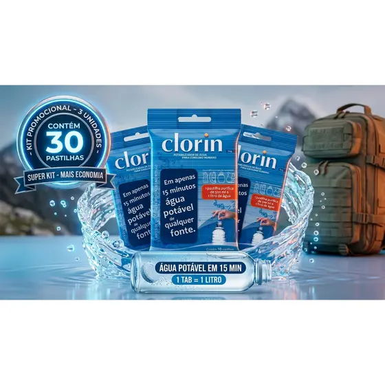 Kit Pastilhas Purificadoras de Água Portátil para Camping, Trilhas, Trekking - Clorin 1