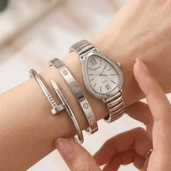 Conjunto de Bracelete Relógio Pulseira Aço inoxidável Prata e Dourado Luxo
