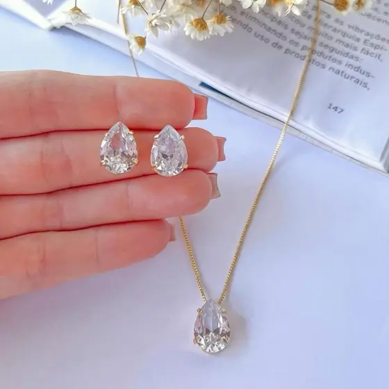 Conjunto Colar e Brinco Gota Cristal Folheada Ouro18k e Prata925 Luxo