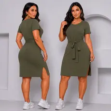 Vestido Midi com Laço e Fenda lateral moda casual básico