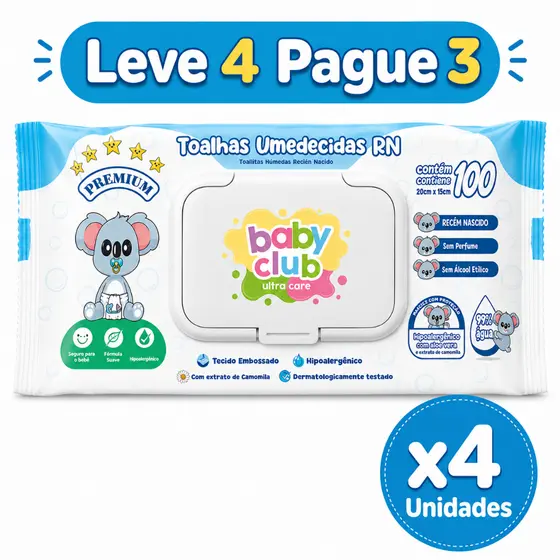 KIT PAGUE 3 LEVE 4 UNIDADES TOALHAS UMEDECIDAS RECEM NASCIDO BABY CLUB 100 FOLHAS CADA PACOTE