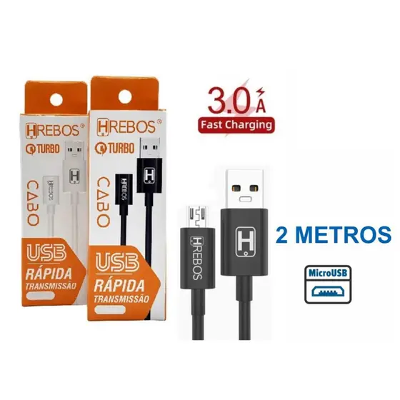 Cabo Carregador Turbo Rápido V8 Cabo de Dados 2 Metros Micro USB