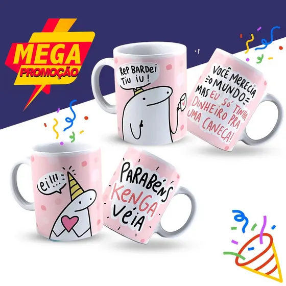 Caneca Flork de Porcelana Bento Aniversário Kenga Veia Parabéns Vários Modelos Personalizada Presente Atacado