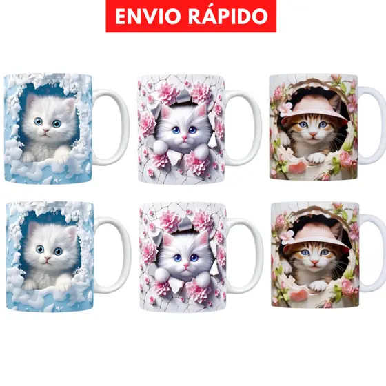 Kit com 6 Canecas Gatinho personalizada impressão realista / caneca ceramica/ caneca estilo 3d Gatinho