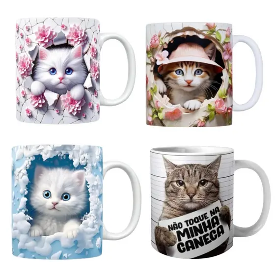 Kit com 4 Canecas Gatinho personalizada impressão realista / caneca ceramica/ caneca estilo 3d Gatinho