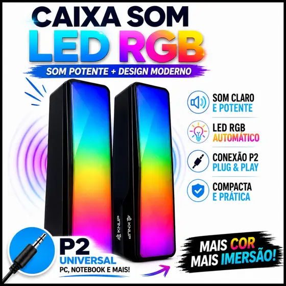 Caixa Som Caixinha P2 para PC Gamer Computador Notebook Iluminação Led  RGB