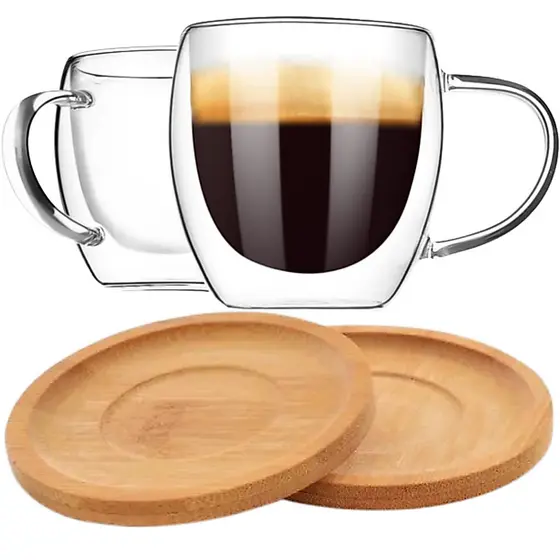 Jogo Xicara Vidro Duplo 250ml Caneca Parede Dupla 2 Un Com Pires