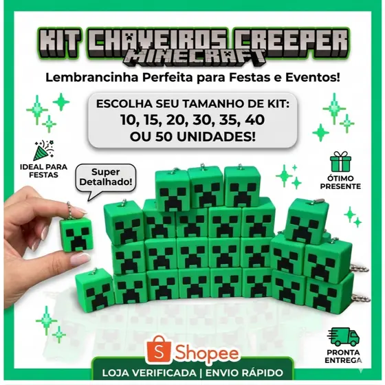 Kit Chaveiro Creeper Minecraft | Lembrancinha Festa Infantil | Brinde Aniversário Gamer | + Brinde