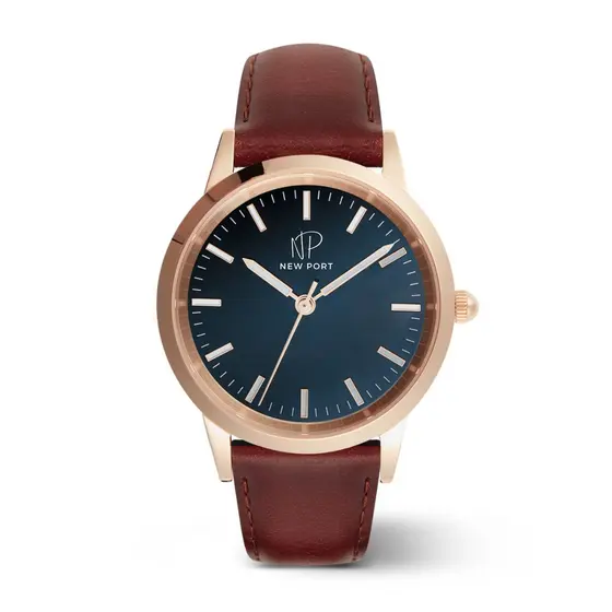 Relógio Masculino Casual Rosê Pulseira Couro New Port