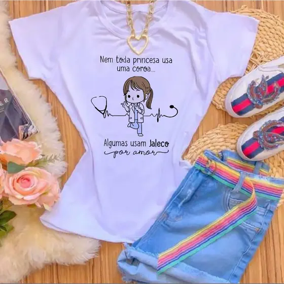 Promoção Camiseta blusa T-shirt Feminina ENFERMAGEM NEM TODA PRINCESA USA JALECO