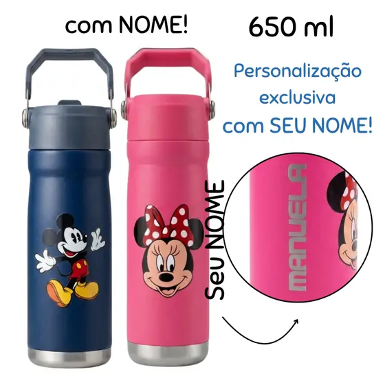 Garrafa Térmica Com Seu NOME Personalizada Mickey Minnie Com BICO Trava de Segurança 650 ml INOX escolar Adulto infantil