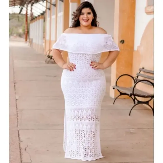 Vestido Plus Size Longo Festa Branco Cores Tricot
