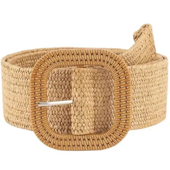 Cinto De Palha Feminino Cintura Elástica Com Fivela Quadrada