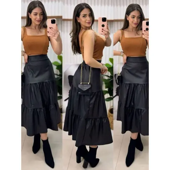 Saia Midi Em Camadas Couro Courino Coleção De Inverno
