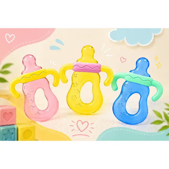 Mordedor Infantil de Mamadeira com Água Massageador para Alívio - Azul Rosa Amarelo