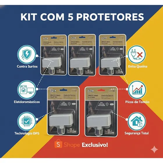 Kit com 5 Protetores de Raio PW Eletro 2 Tomadas - O Mais Vendido - Produto Nacional