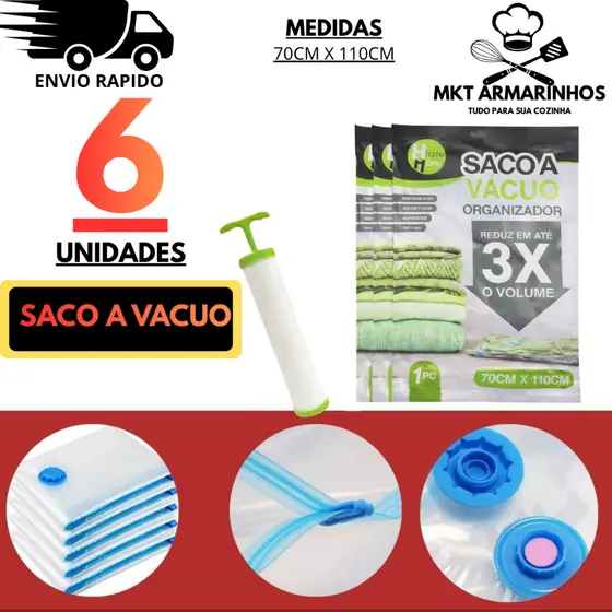 Kit 6 Sacos a Vácuo + Bomba  Organizador Roupa Edredom Cobertor + Bomba Manual 70x110cm Saco Vac Bag Economiza Espaço