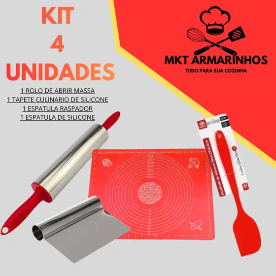 Kit Confeitaria Completo 4 Peças Tapete Silicone Antiaderente Rolo de Massa Inox Espátula de Silicone Raspador para Bolo
