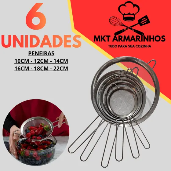 Jogo Kit 6 Peneiras Inox Tela Fina Cozinha Profissional Coador Escorredor Aço Inoxidável Confeitaria Cozinheiro