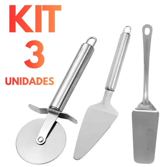 Kit Cortador de Pizza + Espátula para Bolo + Espátula de Servir Inox Utensílios de Cozinha Premium