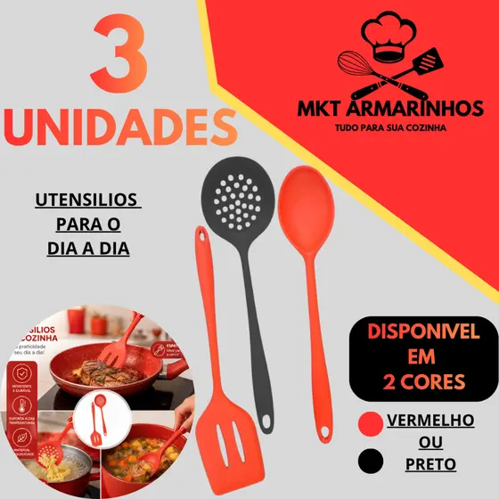 Kit Utensílios de Silicone Cozinha 3 Peças Espátula Colher Escumadeira Antiaderente Resistente ao Calor