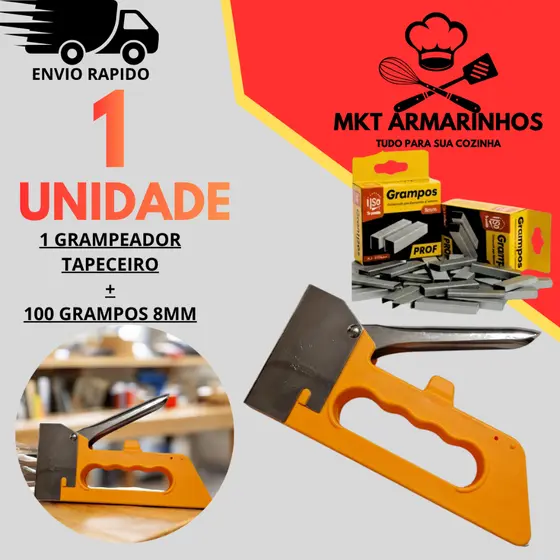 1 Grampeador Tapeceiro Manual Profissional + 100 Grampos 8mm Para Estofados Madeira Tela Tecido Fixação