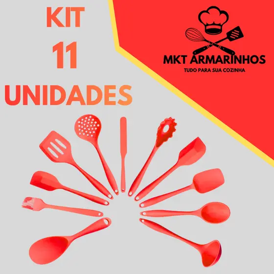 Kit Completo 11 Utensílios de Cozinha Silicone Antiaderente Completo Espátula Concha Colher Pegador Pincel Bolo Premium