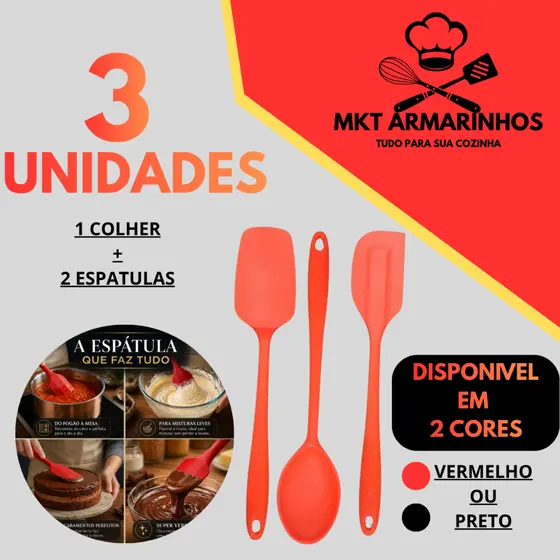 Jogo 3 Utensílios de Silicone Cozinha Colher e Espátulas Resistente ao Calor Antiaderente Gourmet Premium