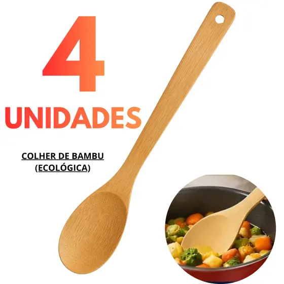 Kit 4 3 OU 2  Colheres de Bambu para Cozinha - Colher de Pau Ecológica, Resistente e Antiaderente Não Risca Madeira