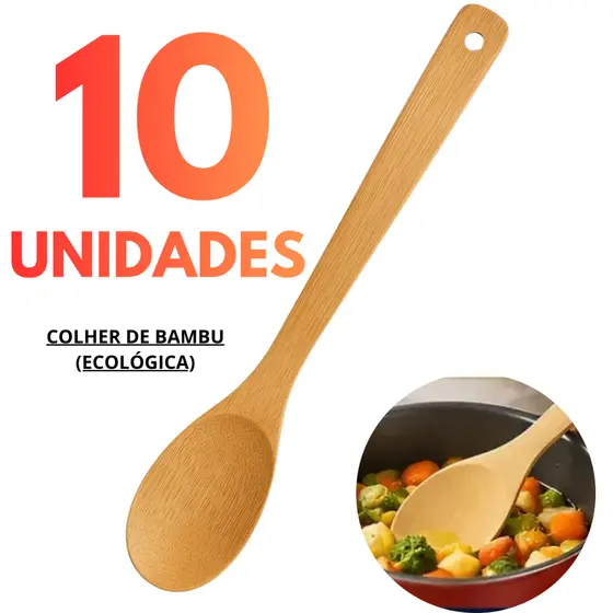 Kit 10 OU 5 Colheres de Bambu para Cozinha - Colher de Pau Ecológica, Resistente e Antiaderente Colher Madeira