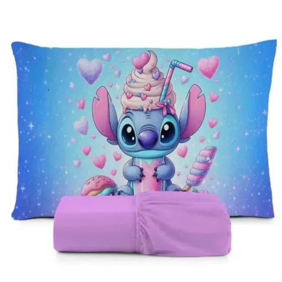 Lençol Solteiro 2 Peças com Fronha Estampada Stitch e Lençol Liso – Tecido Macio
