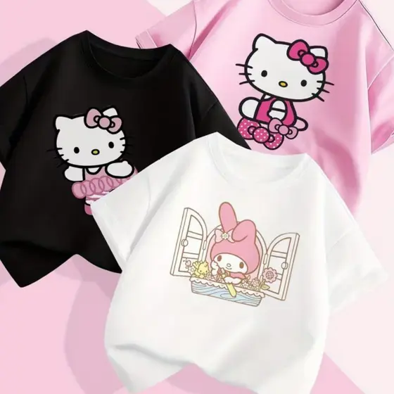 Kit 3 Camiseta Infantil He_llo Ki.ty Casual Confortável Tecido Respirável 100% Algodão