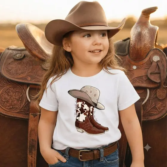 Camiseta Infantil  Estampa Bota e Chapéu Feminina Menina  Moça Menina Escola Roça